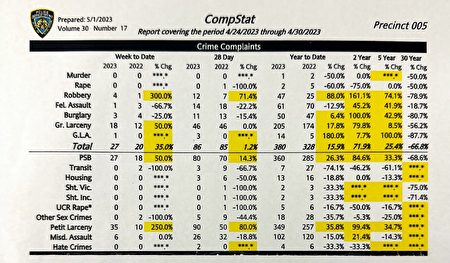 纽约市五分局提辖区内四月份的犯罪数据。