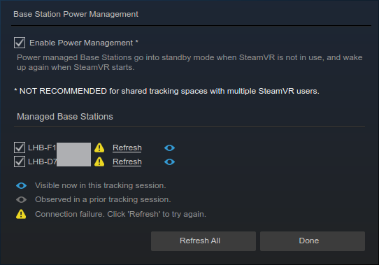 Screenshot of the SteamVR "Base Station Power Management" window showing a connection failure to two 1.0 base stations