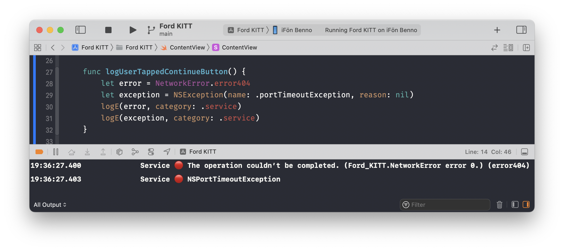 Console Output of PrettyLog statements that take in Error and NSException as arguments