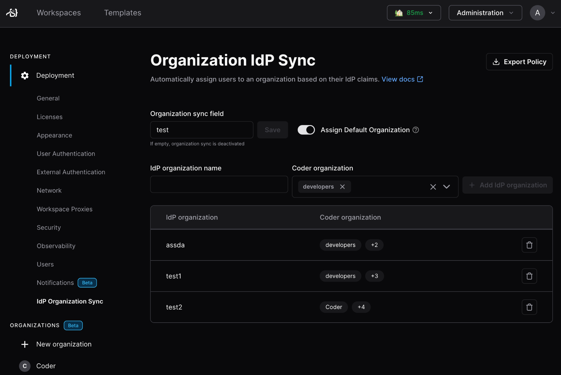 IDP sync UI settings