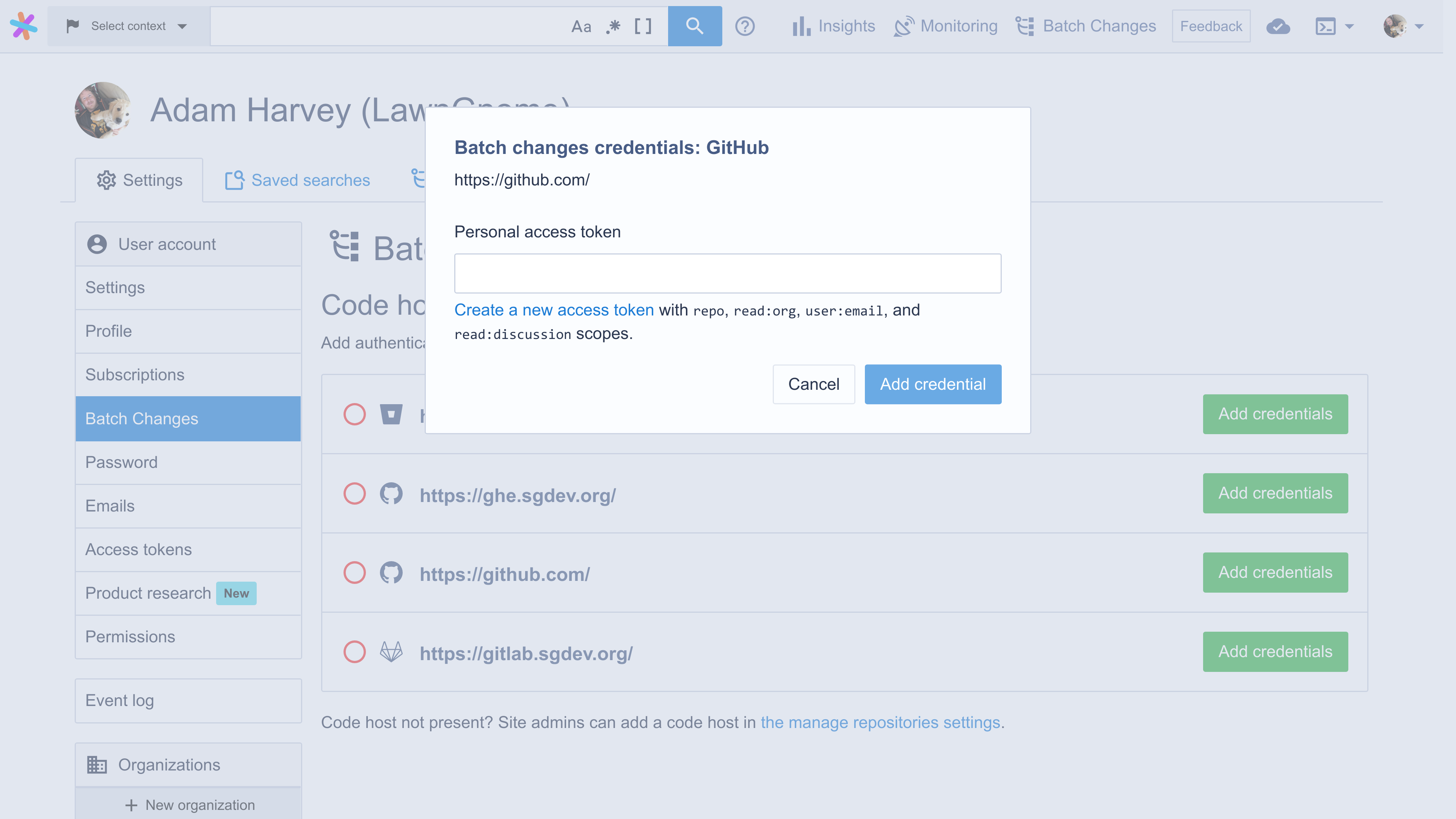 An input dialog, titled "Batch Changes credentials: GitHub", with an input box to type or paste a token and a list of scopes that must be enabled for this type of code host token