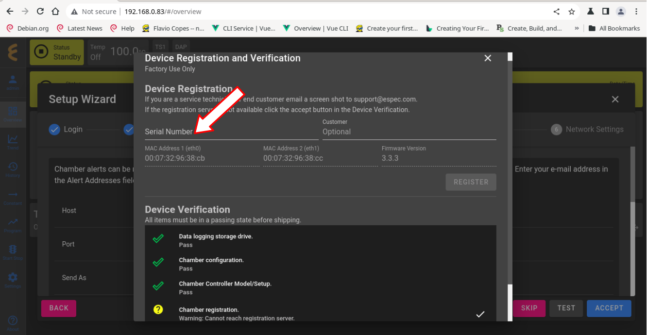 Registering Chamber serial number