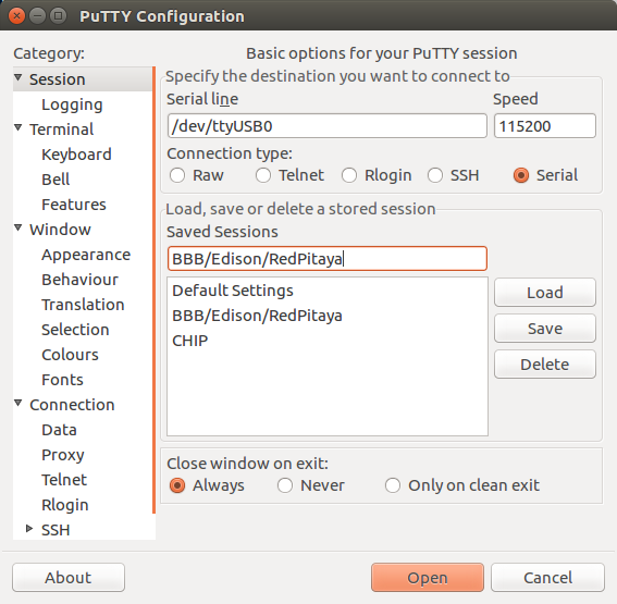 PuTTY serial port