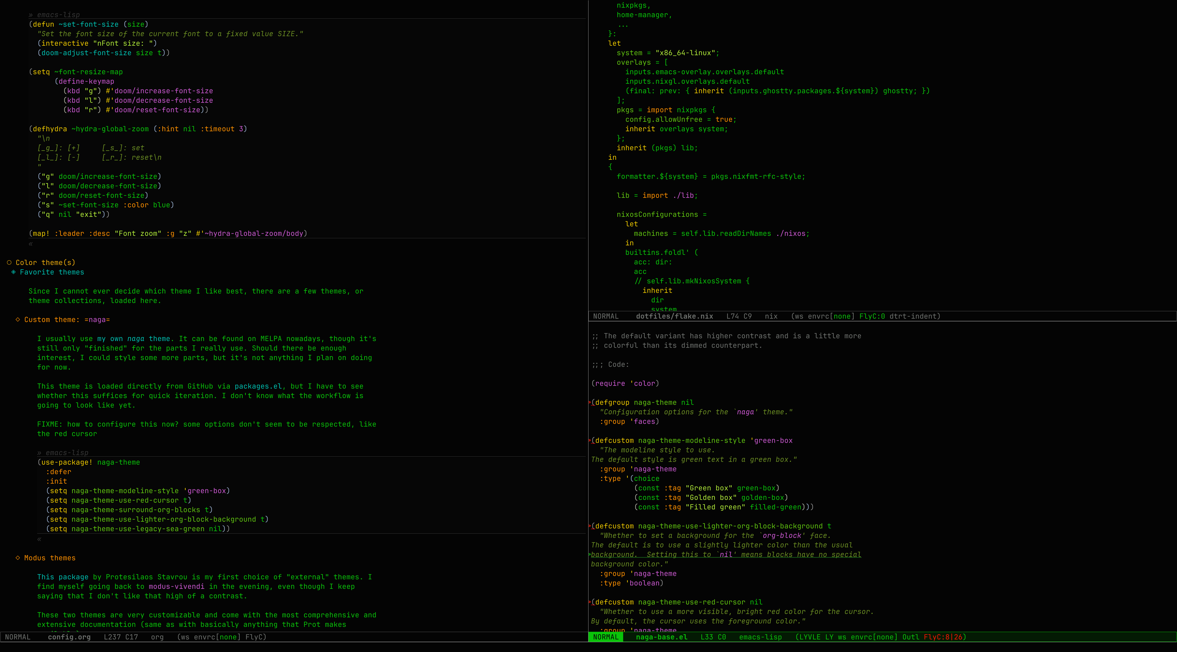 A screenshot of the naga theme, showing org-mode, nix-mode, and some Emacs Lisp