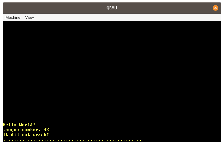 QEMU printing "Hello World", "async number: 42", and "It did not crash!"