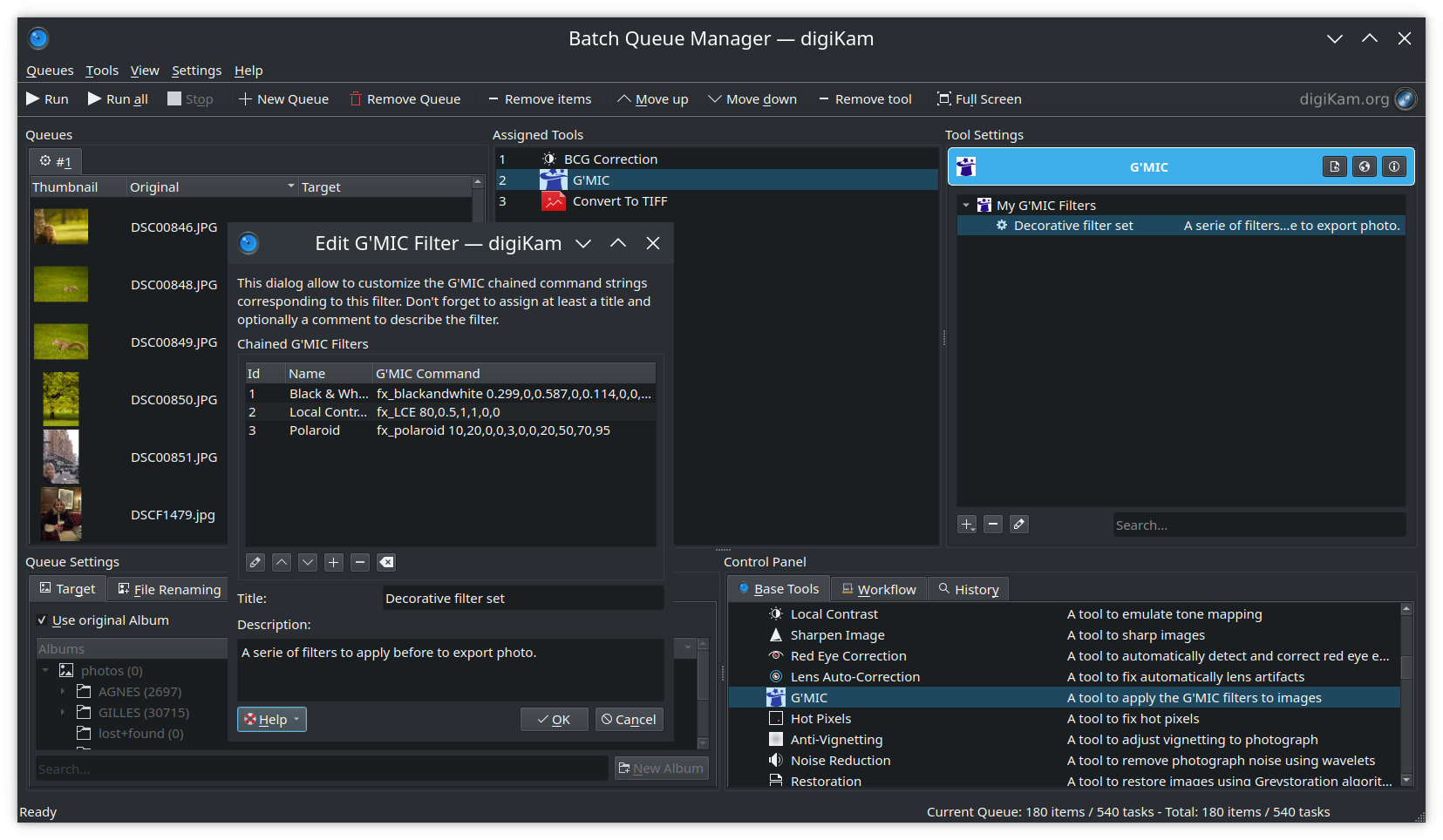 digiKam G'MIC Batch Queue Manager plugin running under Linux