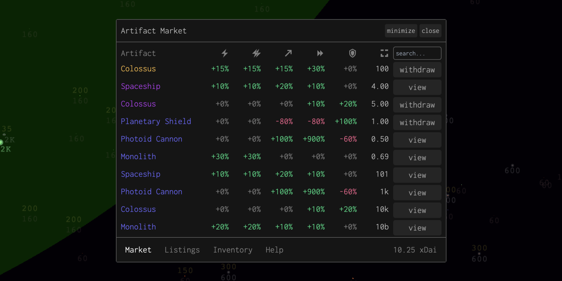 Dark Forest Artifact Market Plugin