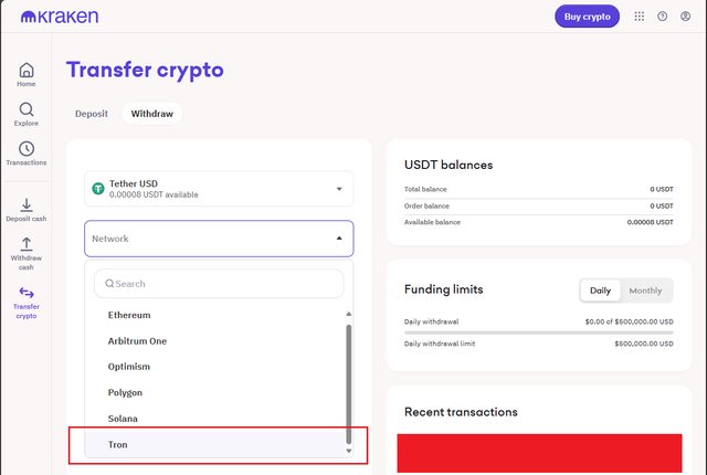 Withdrawal USDT from Kraken using the Tron Network 02