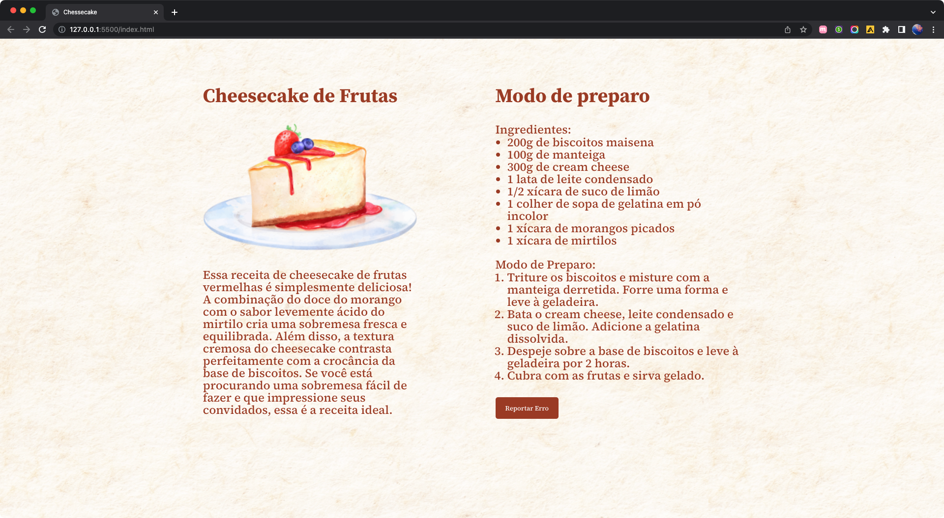 screenshot of projeto 06 cheesecake