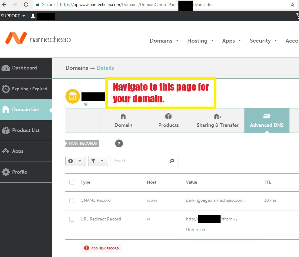 First step: Navigate to the Advanced DNS tab on namecheap