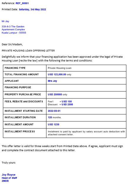 Example of generated msWord document; ms-donniexyz-poi-azure-function\docs\template\PrivateHousingLoan_OfferLetter_res.docx