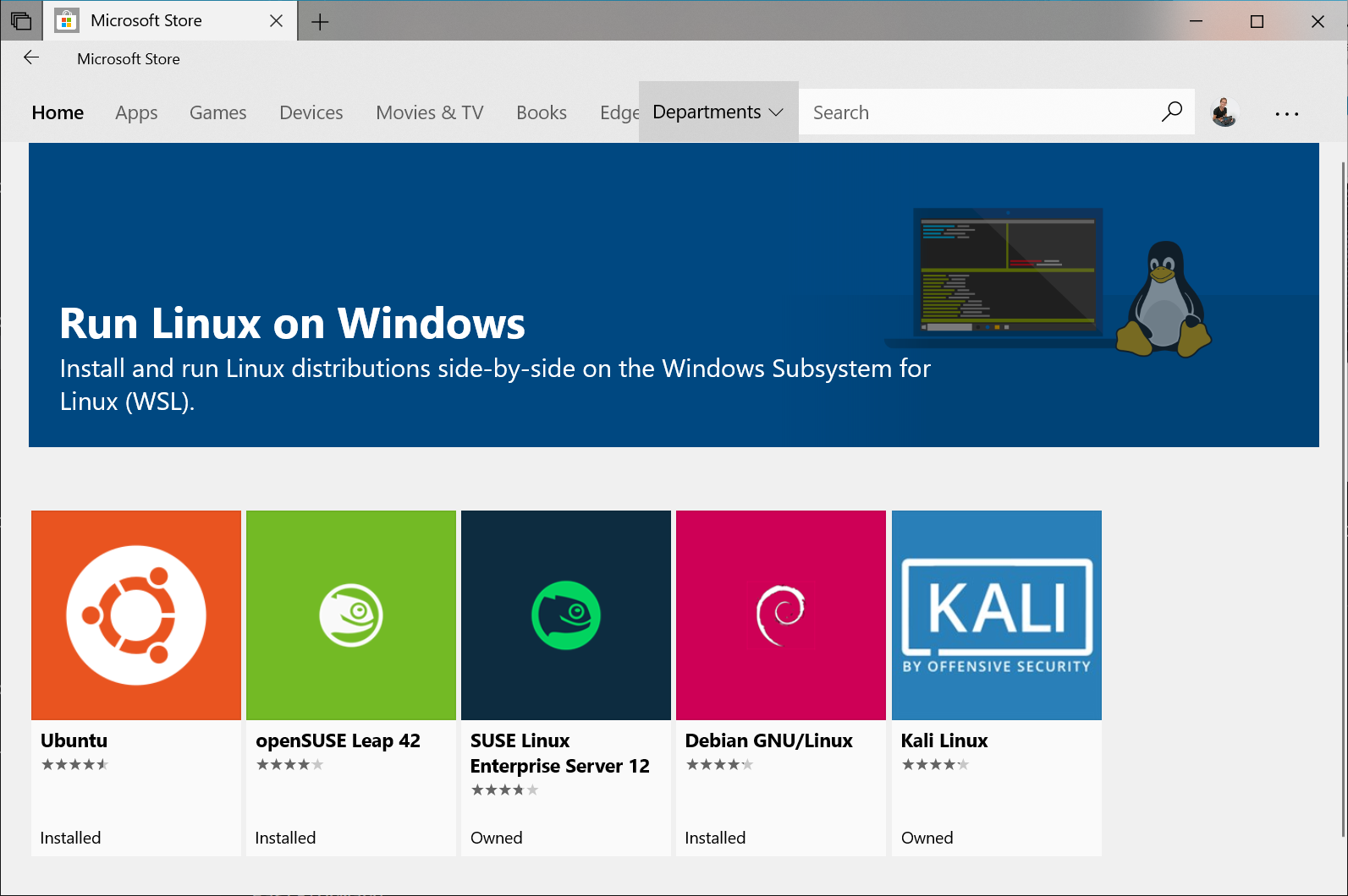 View of Linux distros in the Windows store