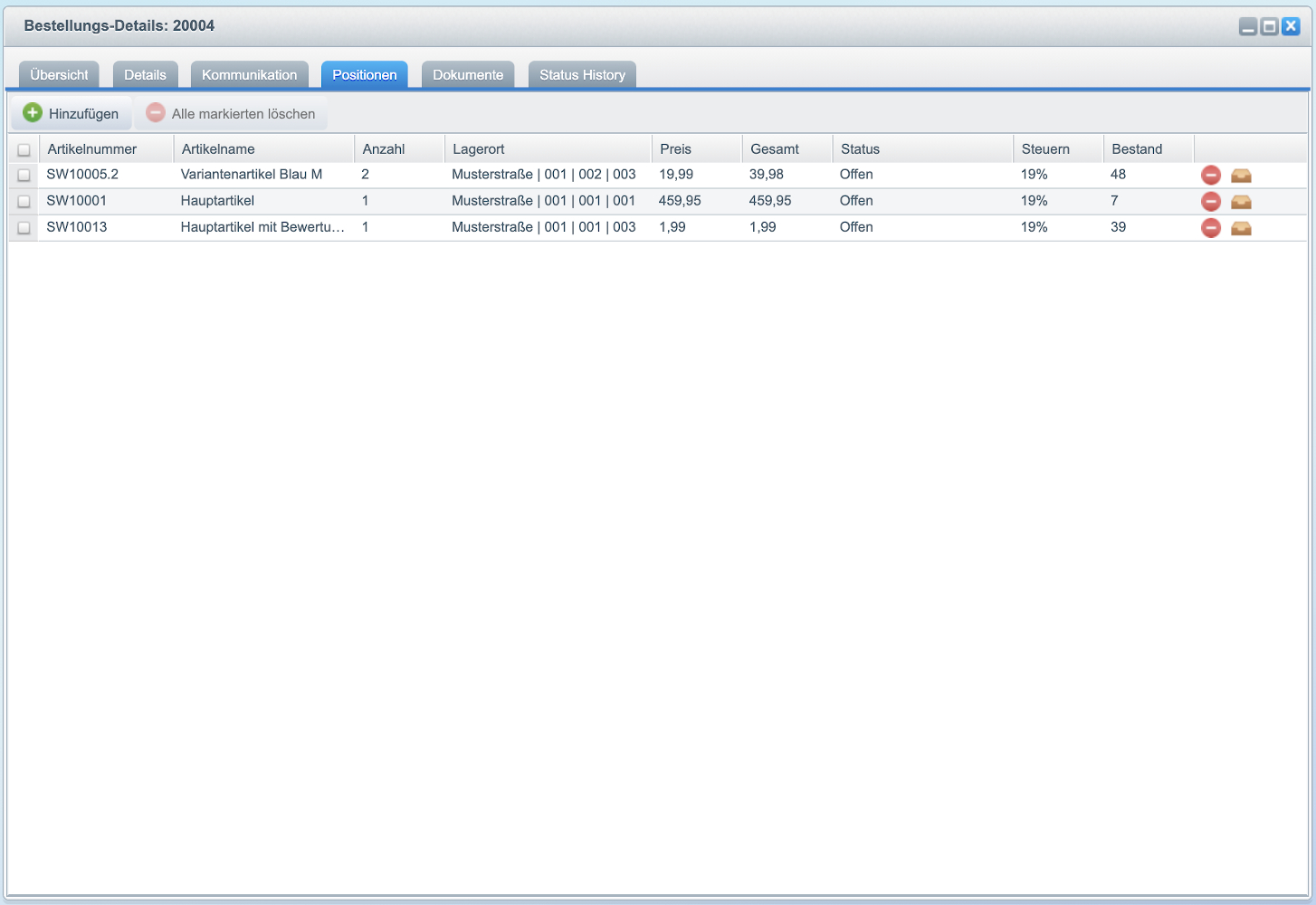 storage location of an article in the order detail view