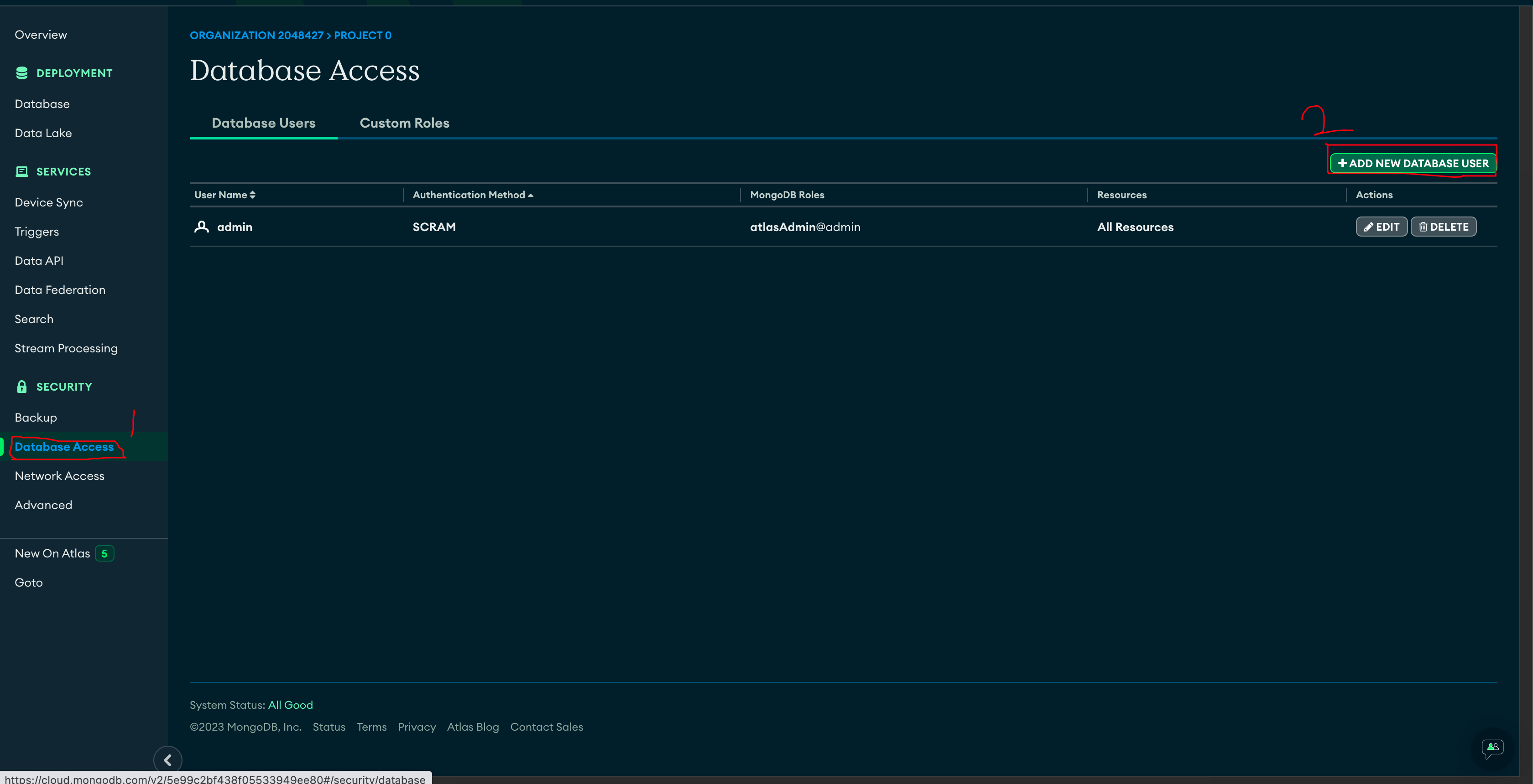 Database Access Tab in Atalas