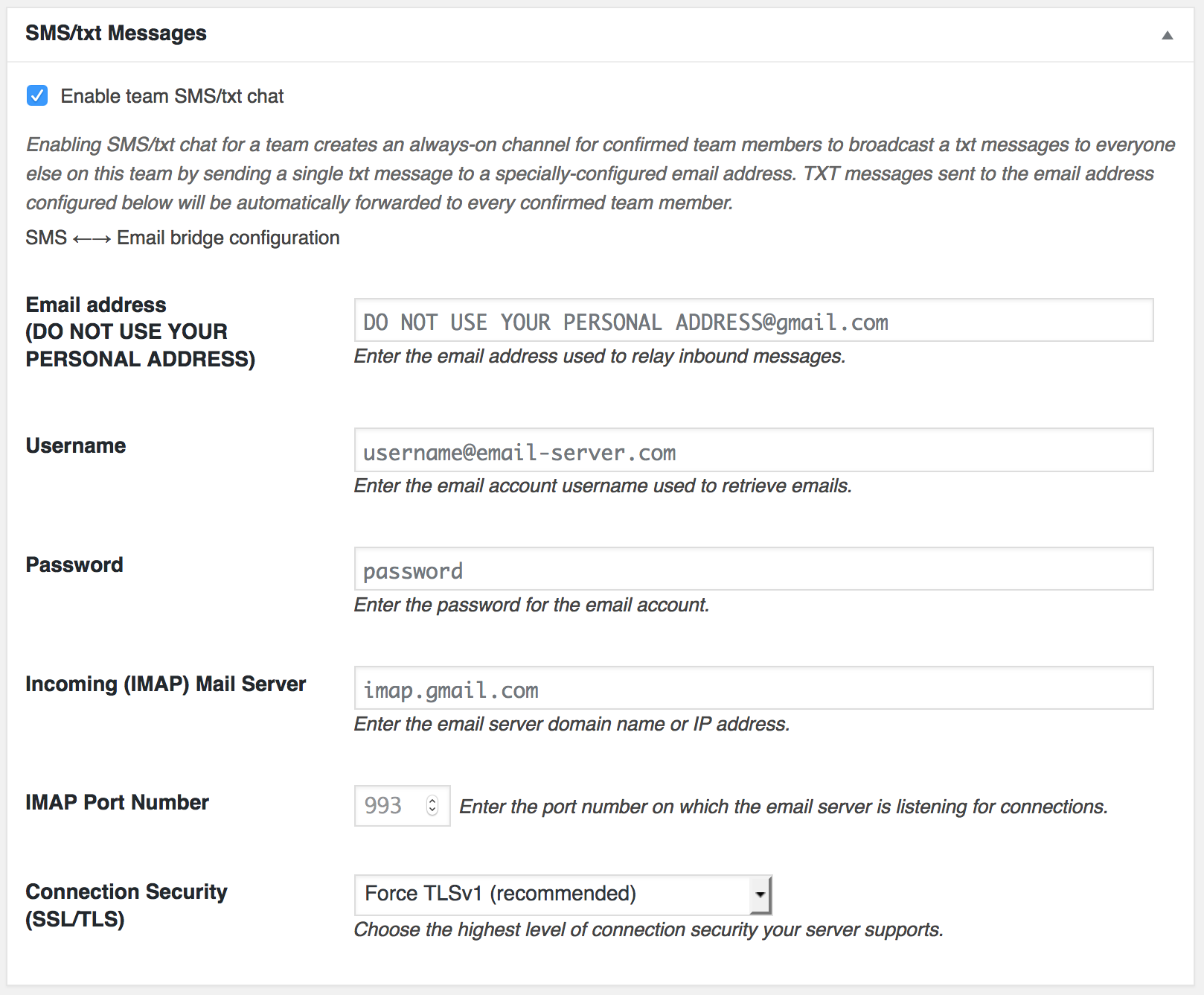 Screenshot of Team SMS/txt broadcast channel feature