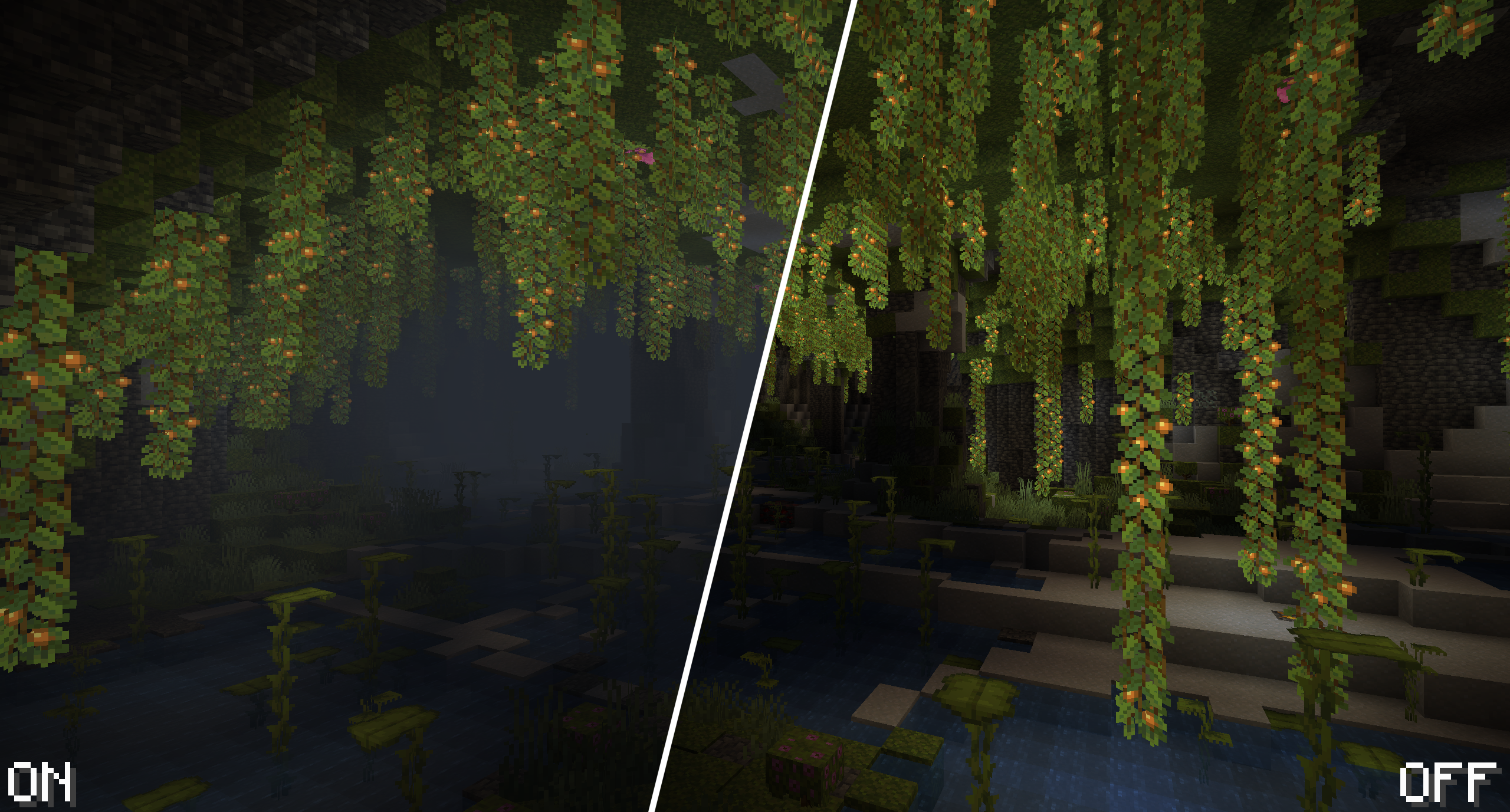 A lush caves biome, with and without Fog Looks Good Now