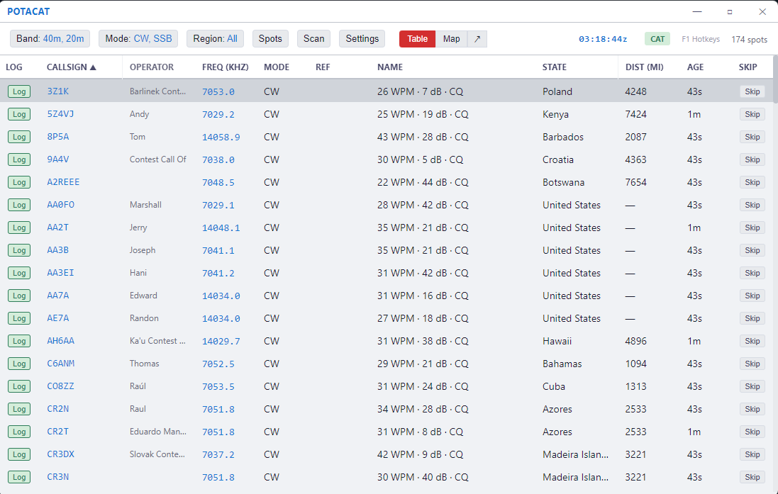 The POTACAT spot table — POTA, SOTA, DX cluster and RBN spots merged into one sortable list, each row one click from a tuned radio