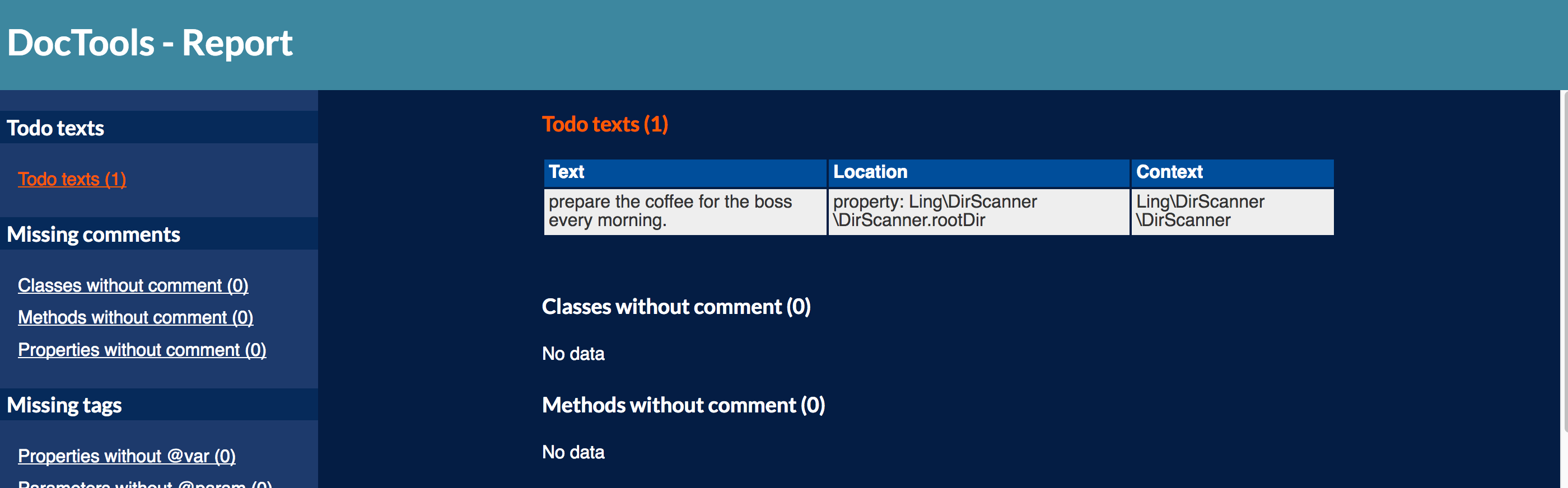 docTools report page with todo