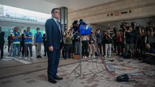 Steve Li Kwai-Wah, senior superintendent at Hong Kong Police Force's national security department, holds a press conference following a verdict for 47 pro-democracy activists in Hong Kong, China, 30 May 2024. A court in Hong Kong on 30 May convicted 14 defendants over 'conspiracy to subvert the state power' under the national security law, while two were acquitted, in trial of 47 prominent pro-democracy divs in Hong Kong arrested and charged in 2021.