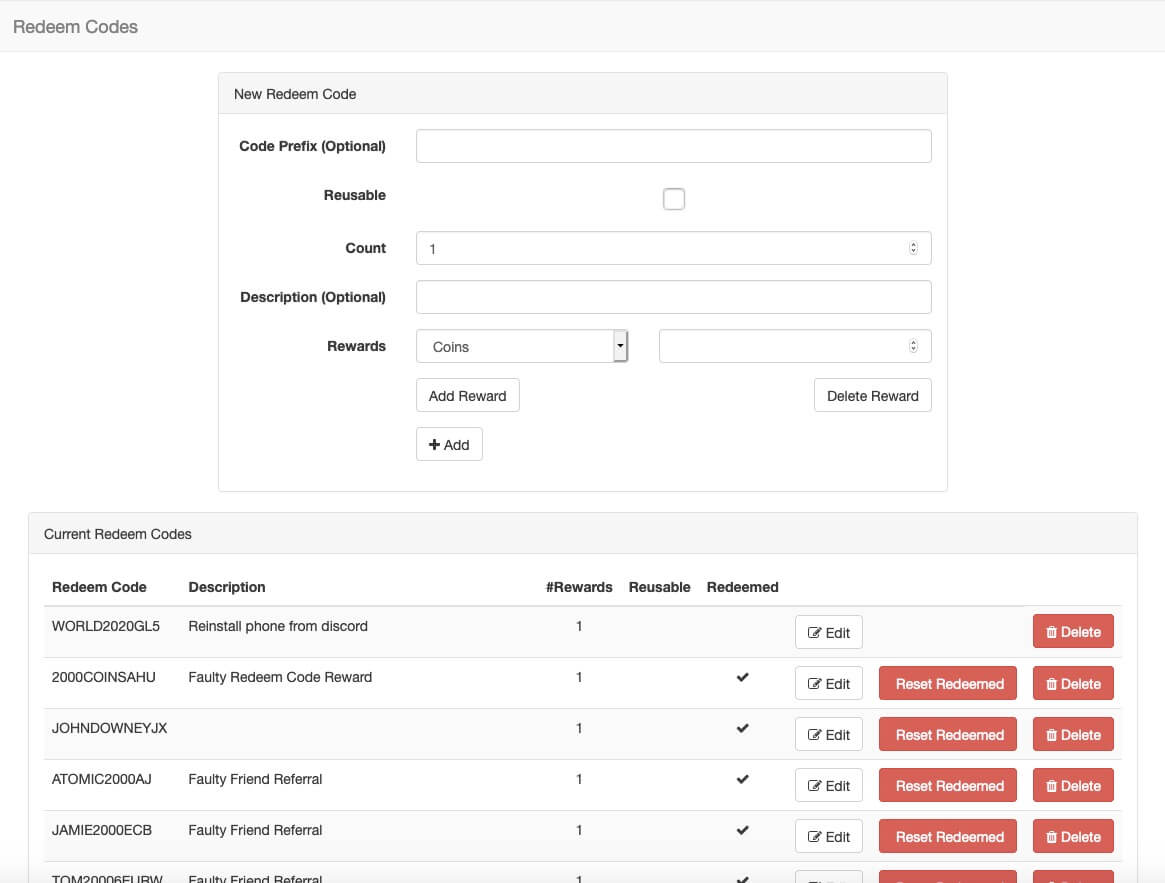 Laravel Redeem Codes web console