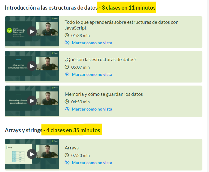 Tiempo de duración de clases por cada sección