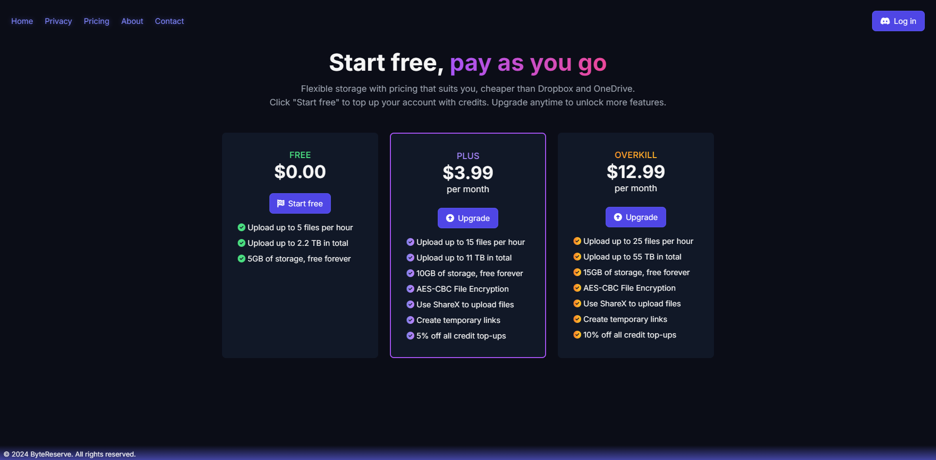 Screenshot of pricing page