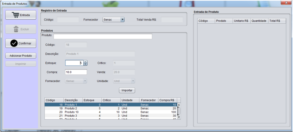 Tela de entrada de produtos