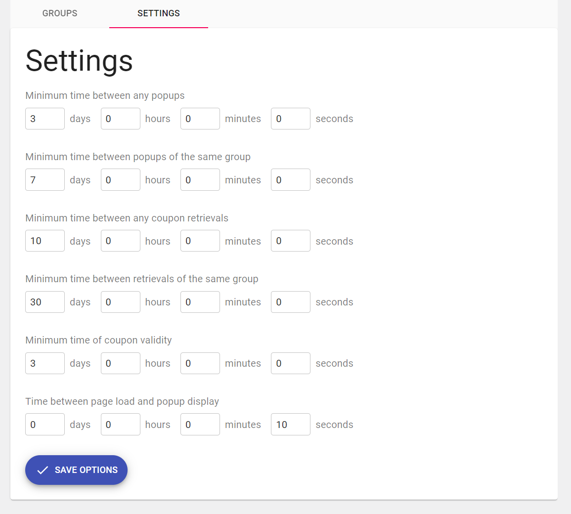 Admin settings page.