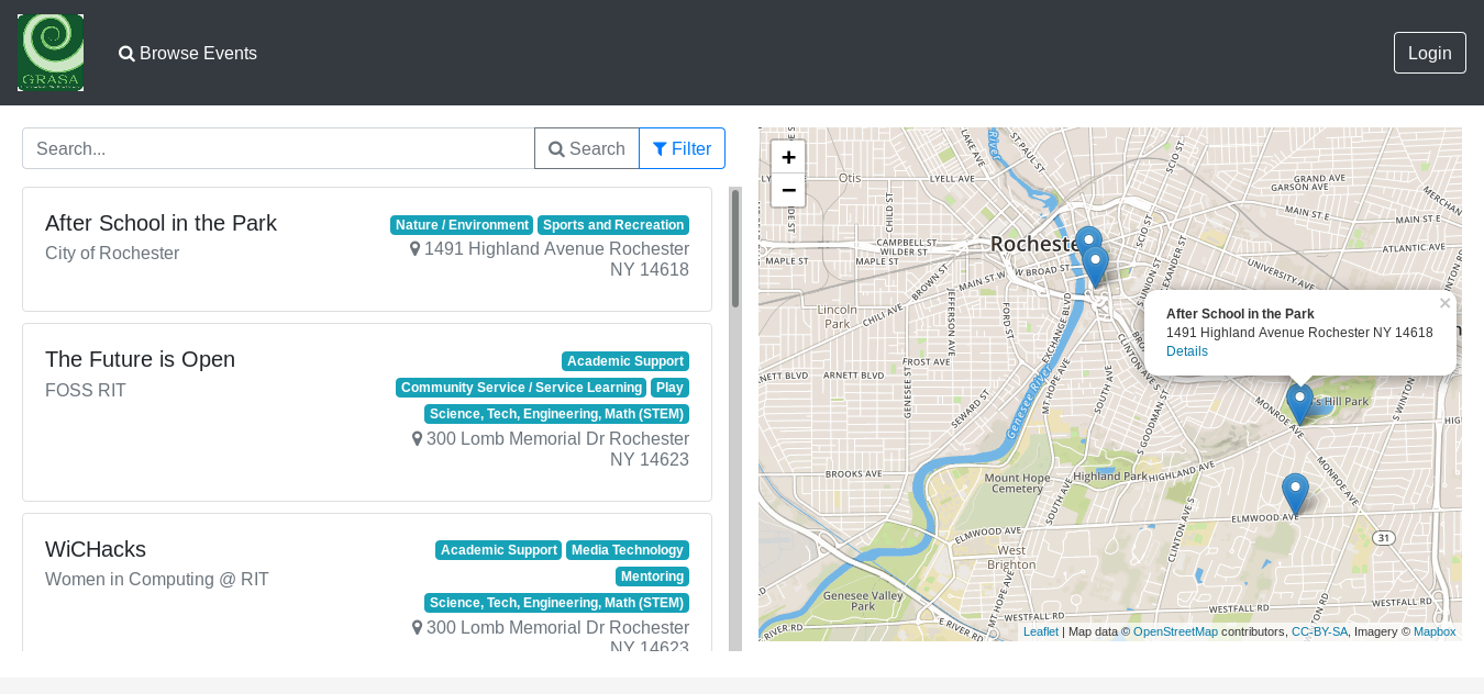 Screenshot of Event Locator home page