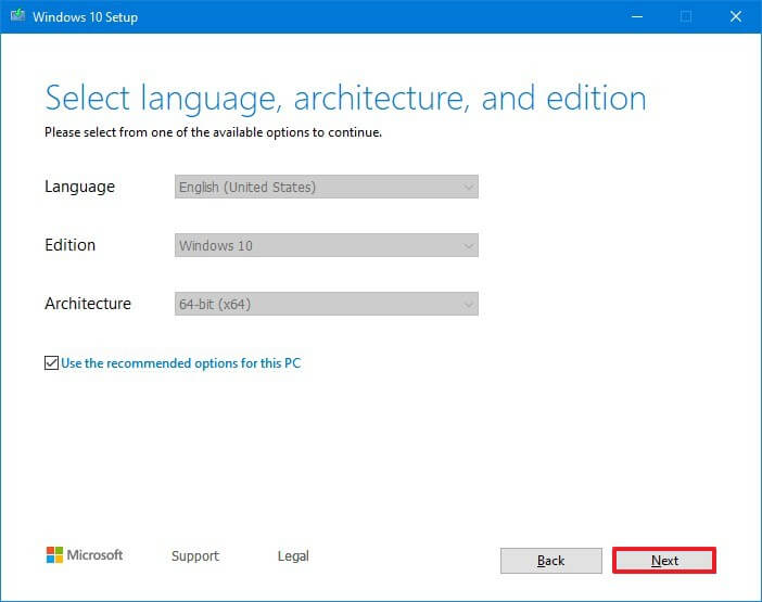 Media Creation Tool Windows 10 settings