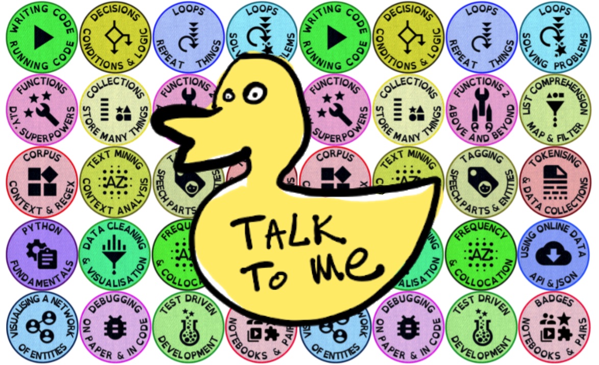 logo of the course, a ruber duck with words 'Talk to me ' written on it, surrounded by badges