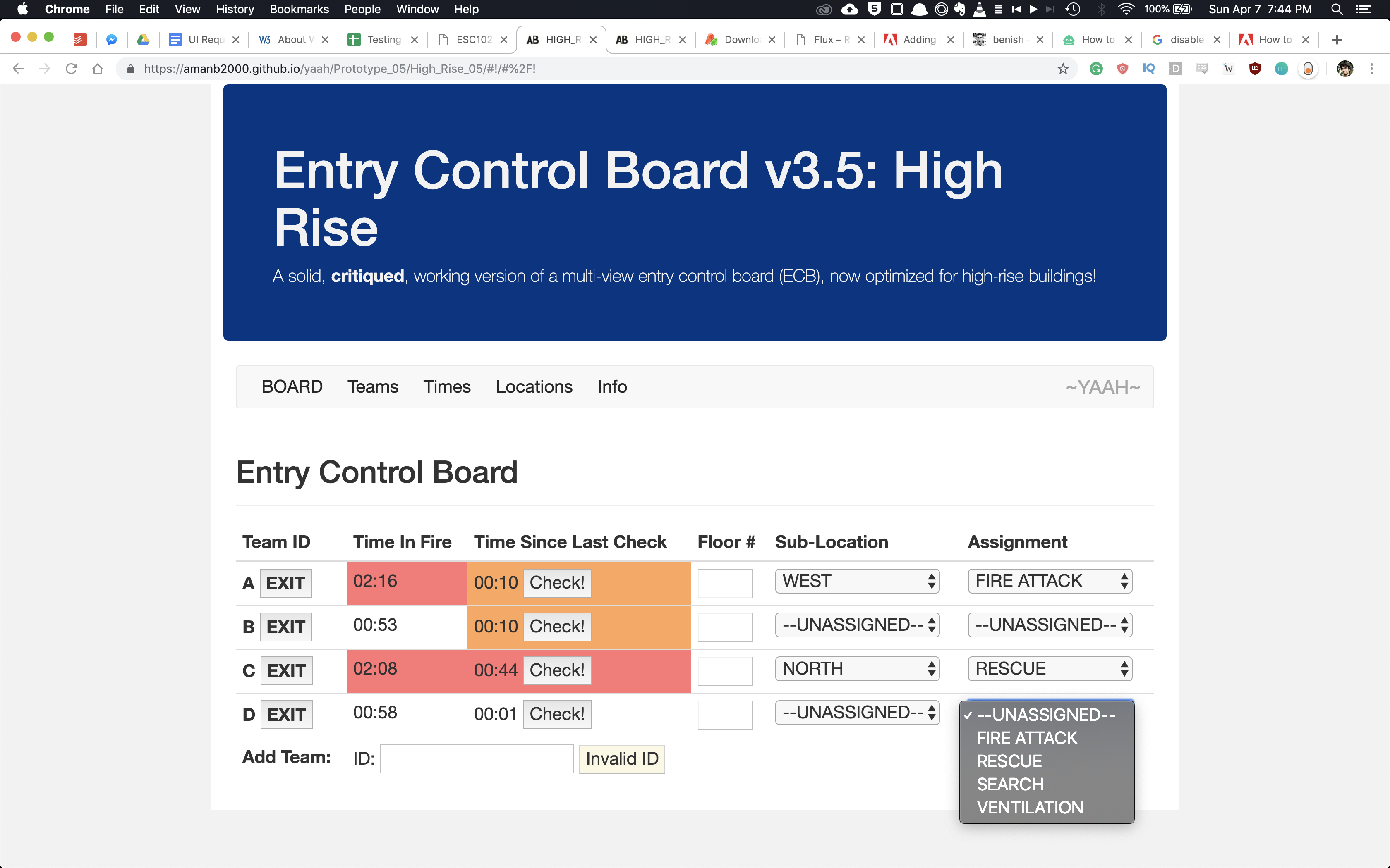 YAAH Entry Control Board Screenshot