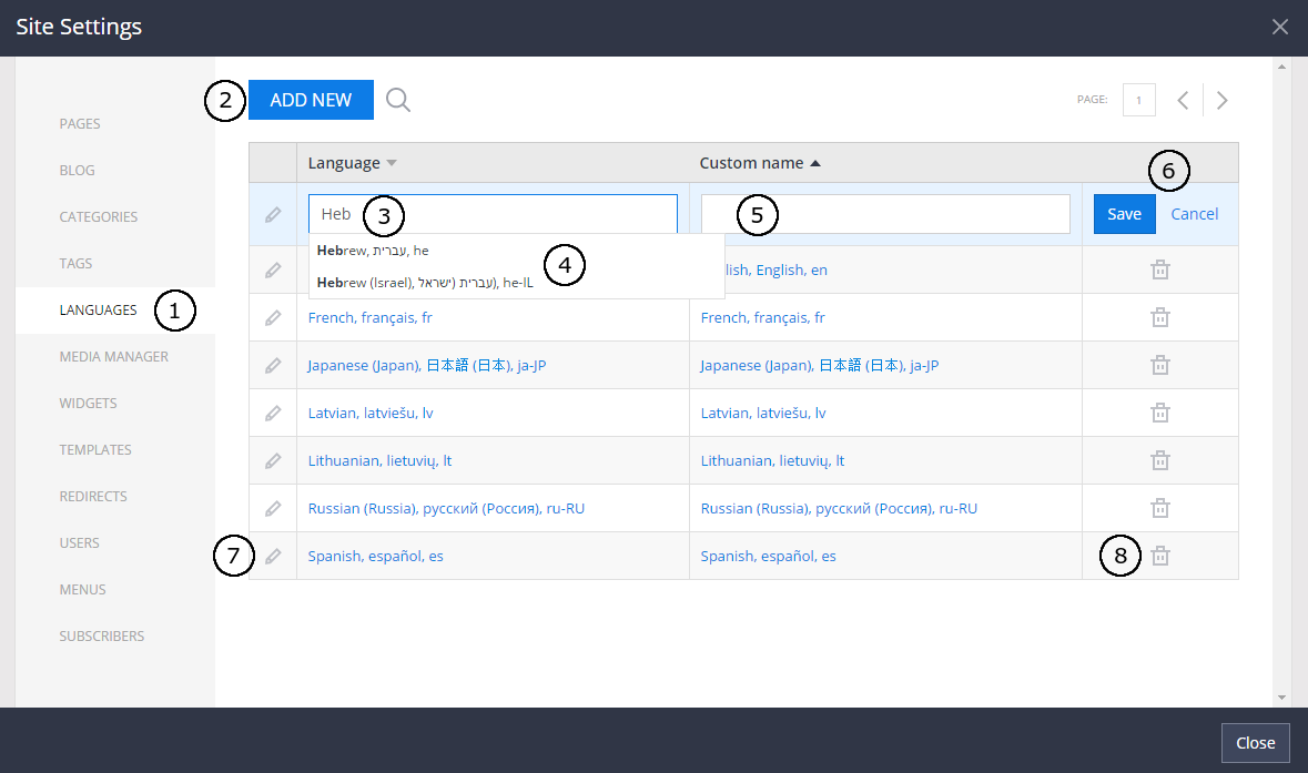 Manage languages in site settings