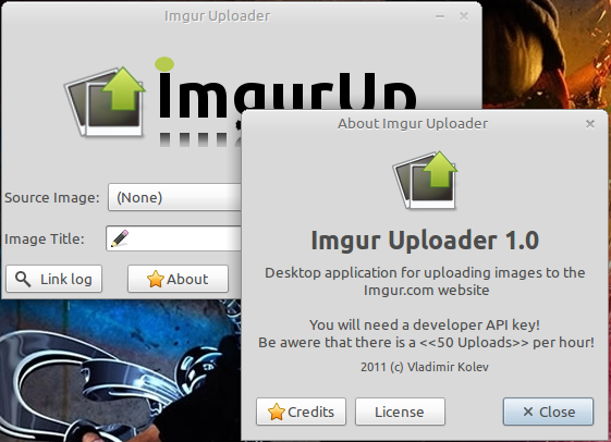 Imgur Main window with About Dialog