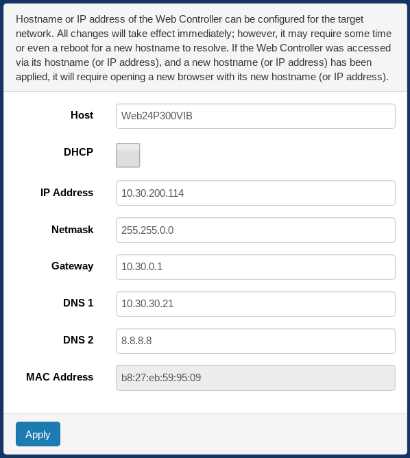 Setup page: network configuration