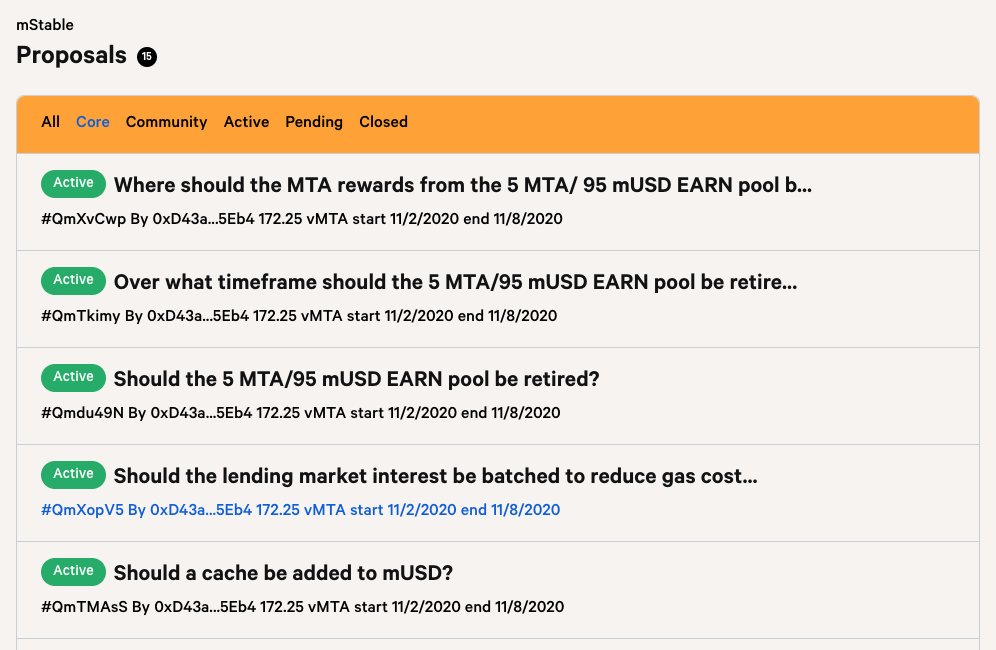 A screenshot from the mStable snapshot page in November with live proposals