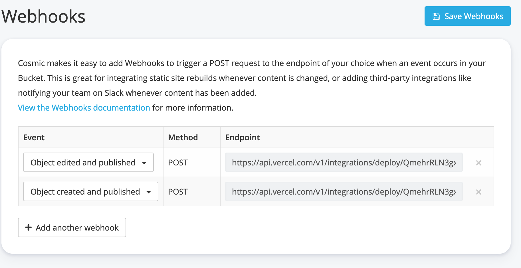 Screenshot of the Cosmic CMS webhooks settings