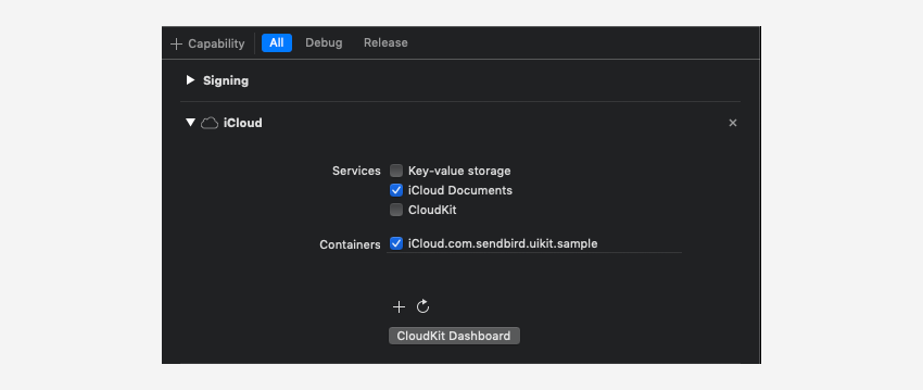 Configuring options to allow your users to attaching files from iCloud to messages in the Signing & Capabilities tab.