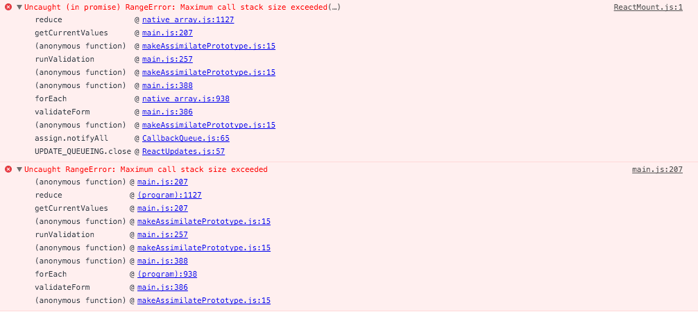RangeError: Maximum call stack size exceeded with custom validator ...