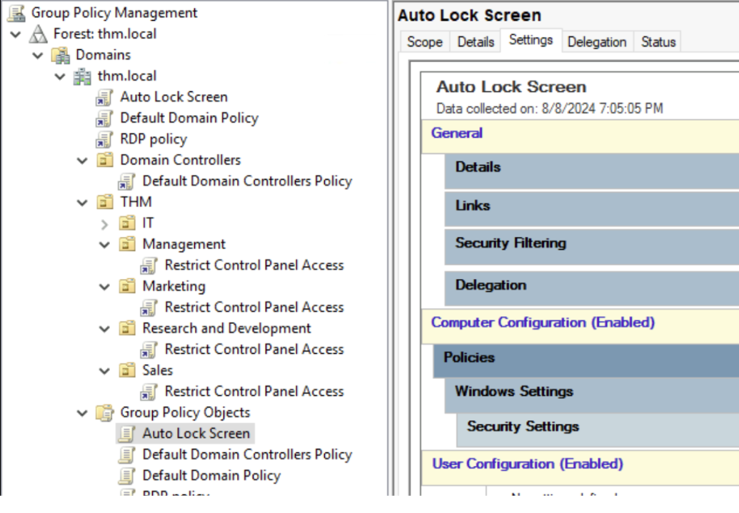 Showing that the Domain has the Auto Lock Screen GPO.