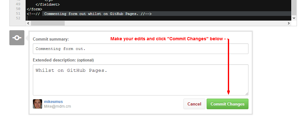 commit changes button github