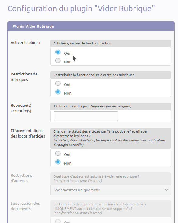 Configuration du module Vider rubrique