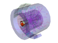 Drawing of TGeo model superimposed with tracks and hits