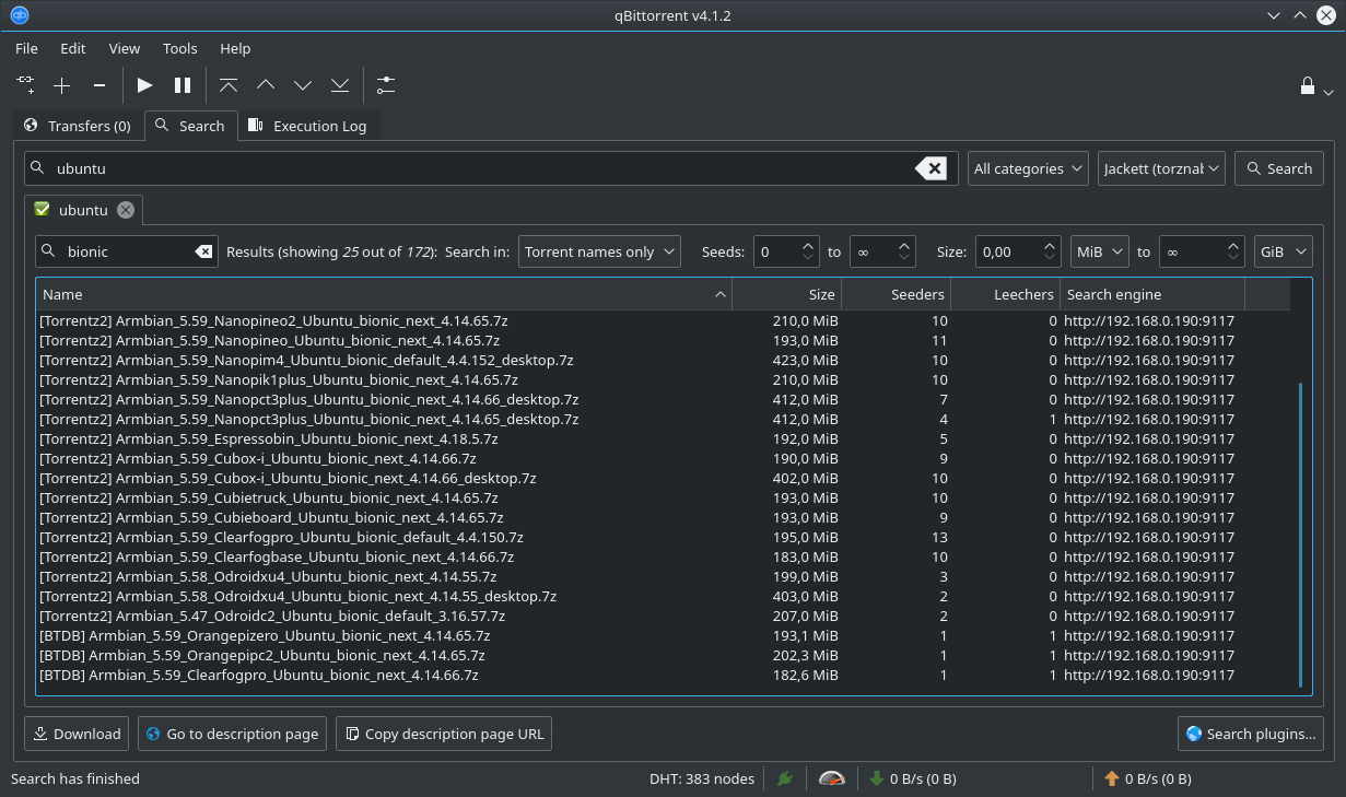 qBittorrent search tab with Jackett results