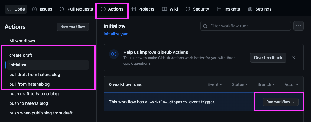 Actionsタブ、workflowリスト、Run workflowボタン