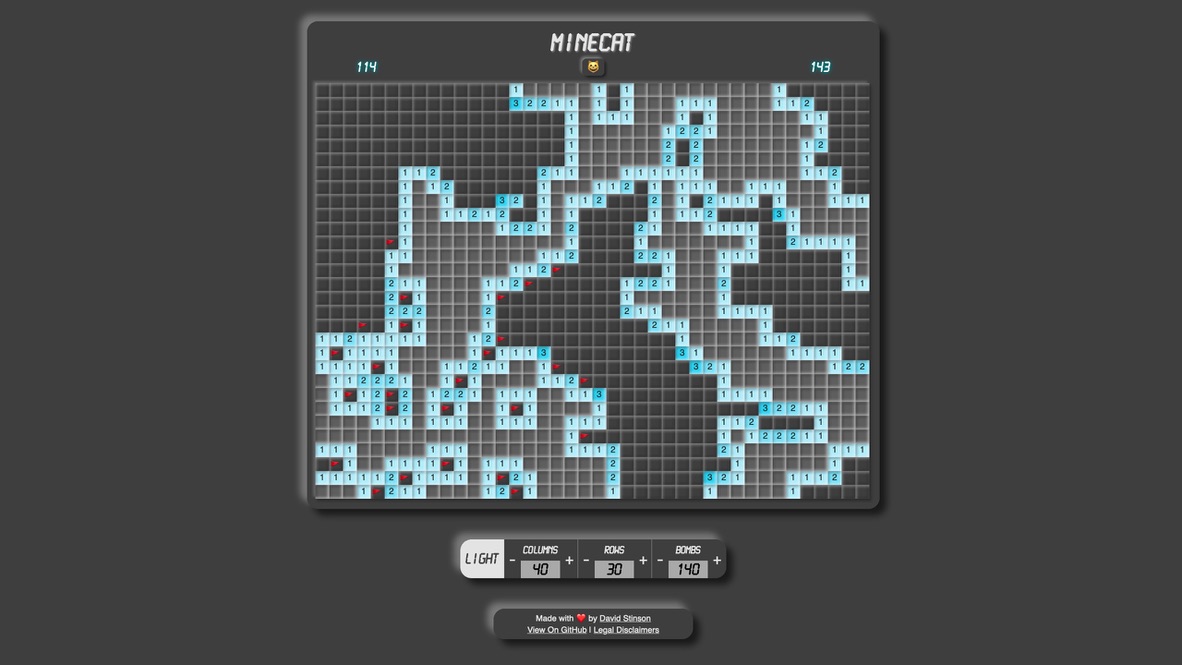 A partially completed game of minecat on a 40x30 board with 140 bombs.