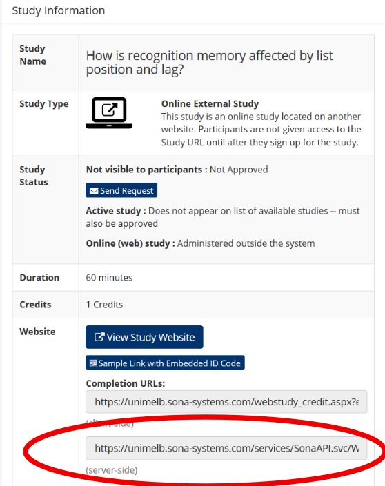 Serverside Completion URL location in SONA study