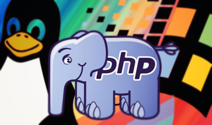 PHP elephant with Linux Penguin and Windows logo in background