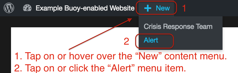 Screenshot of accessing the "Alert" from the New Content admin bar menu item.