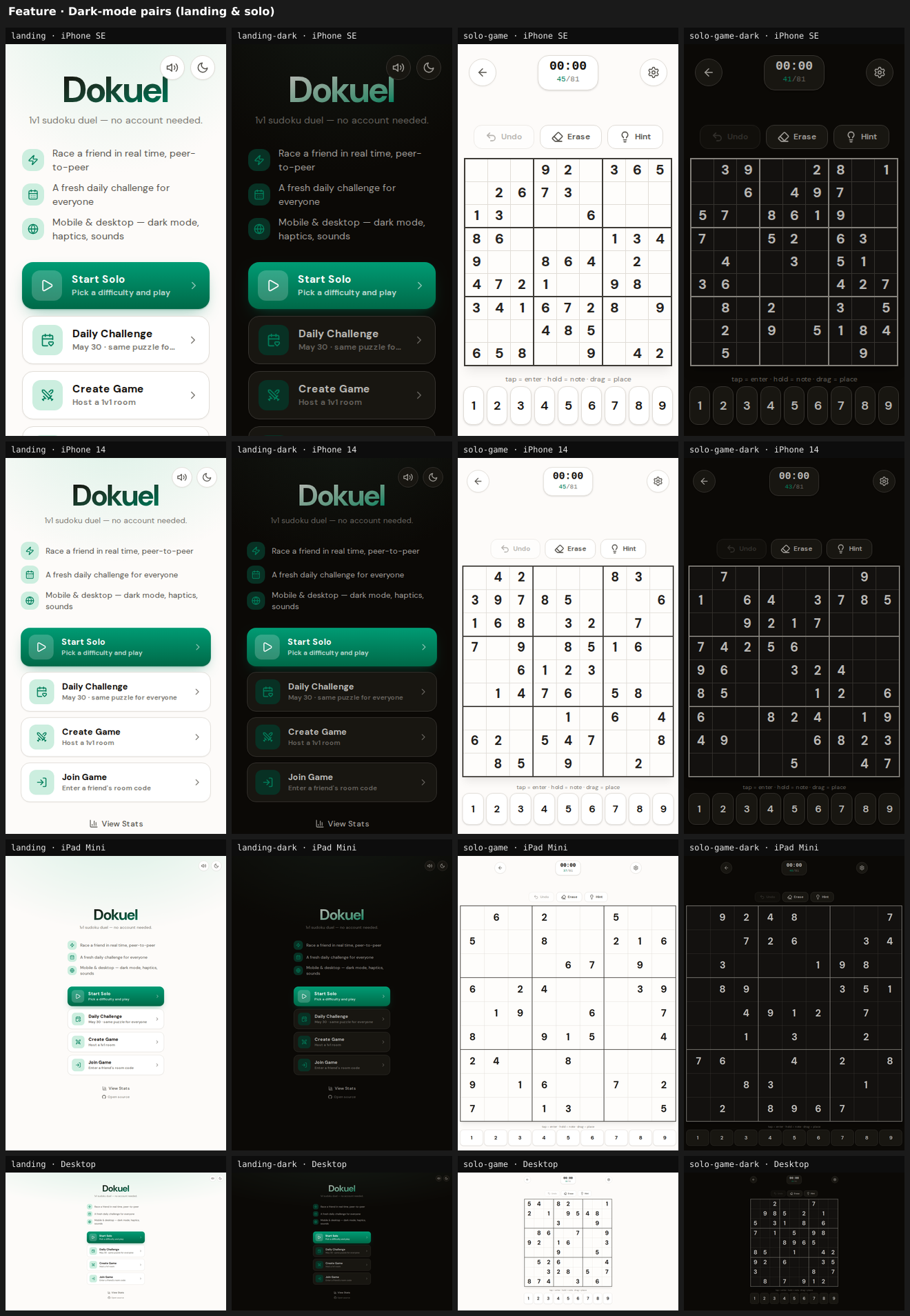 Dark-mode pairs (landing & solo)
